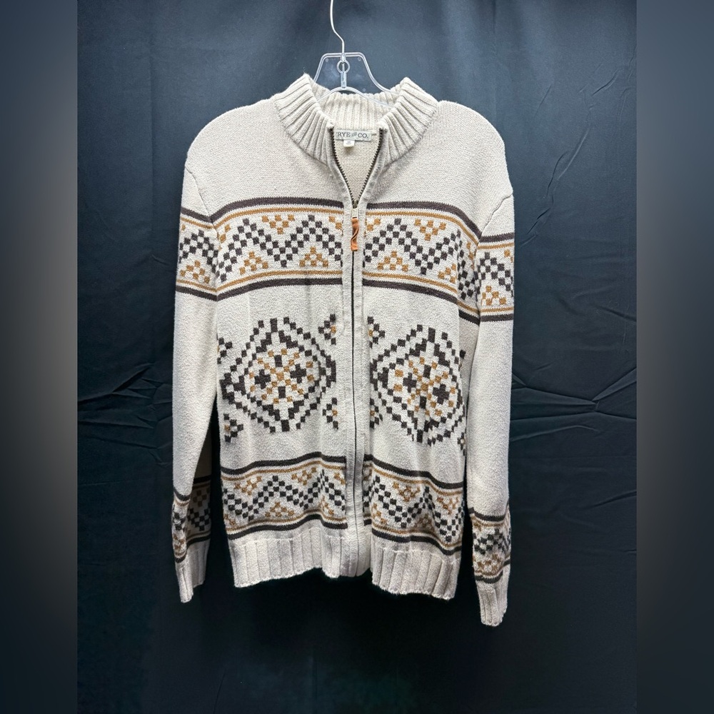 FRYE AND CO. Cream and Tan Geometric Zip-Up Sweater sz M (13an)